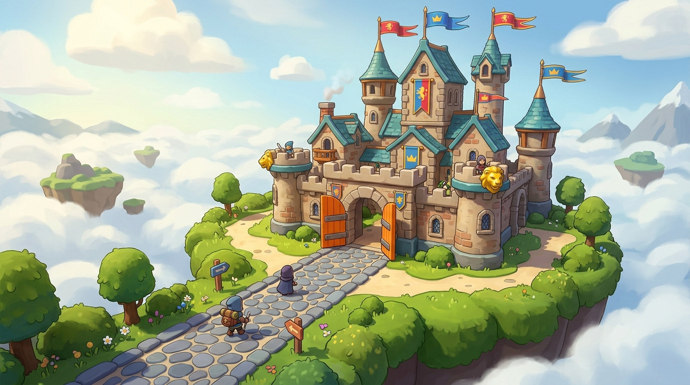 A road to the castle gates on a floating island
