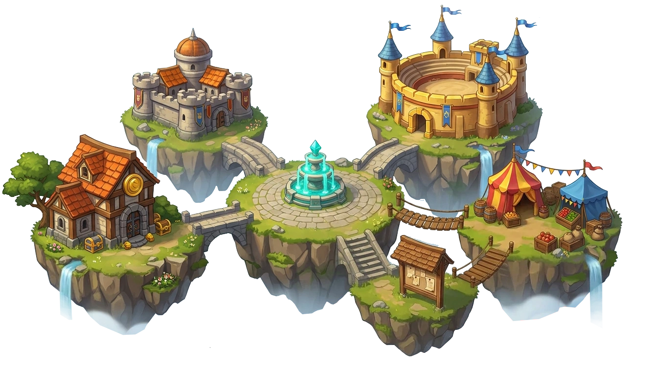 The city of Astralia on floating islands: clan castle, arena, market and fountain